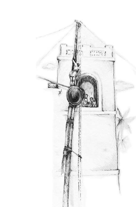 Sketch of the largest bell in the belfrey being hoisted into the bell tower in 1937.