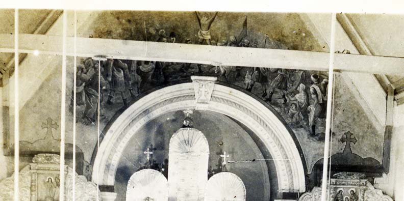 Photograph showing original mural over sanctuary arch.